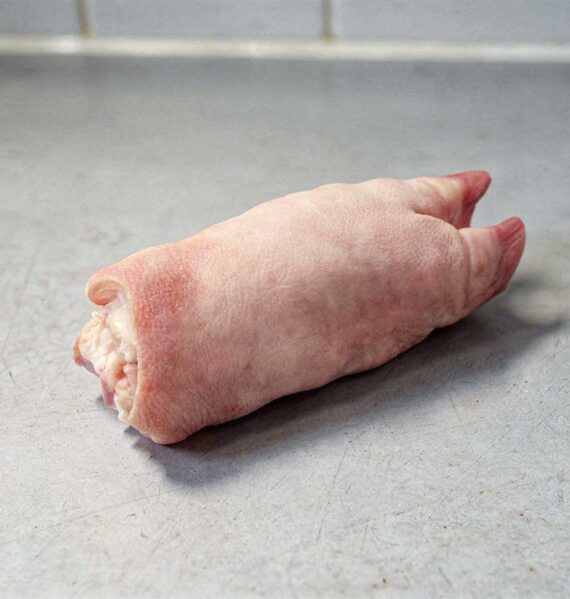Een rauw varkenspoot ligt op een aanrecht, klaar om gekookt te worden.