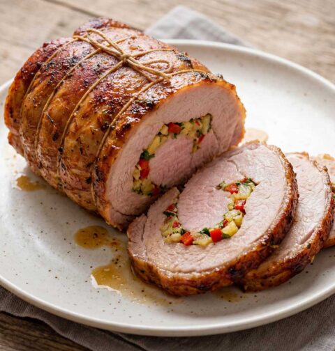 Varkensrollade braden in een braadpan