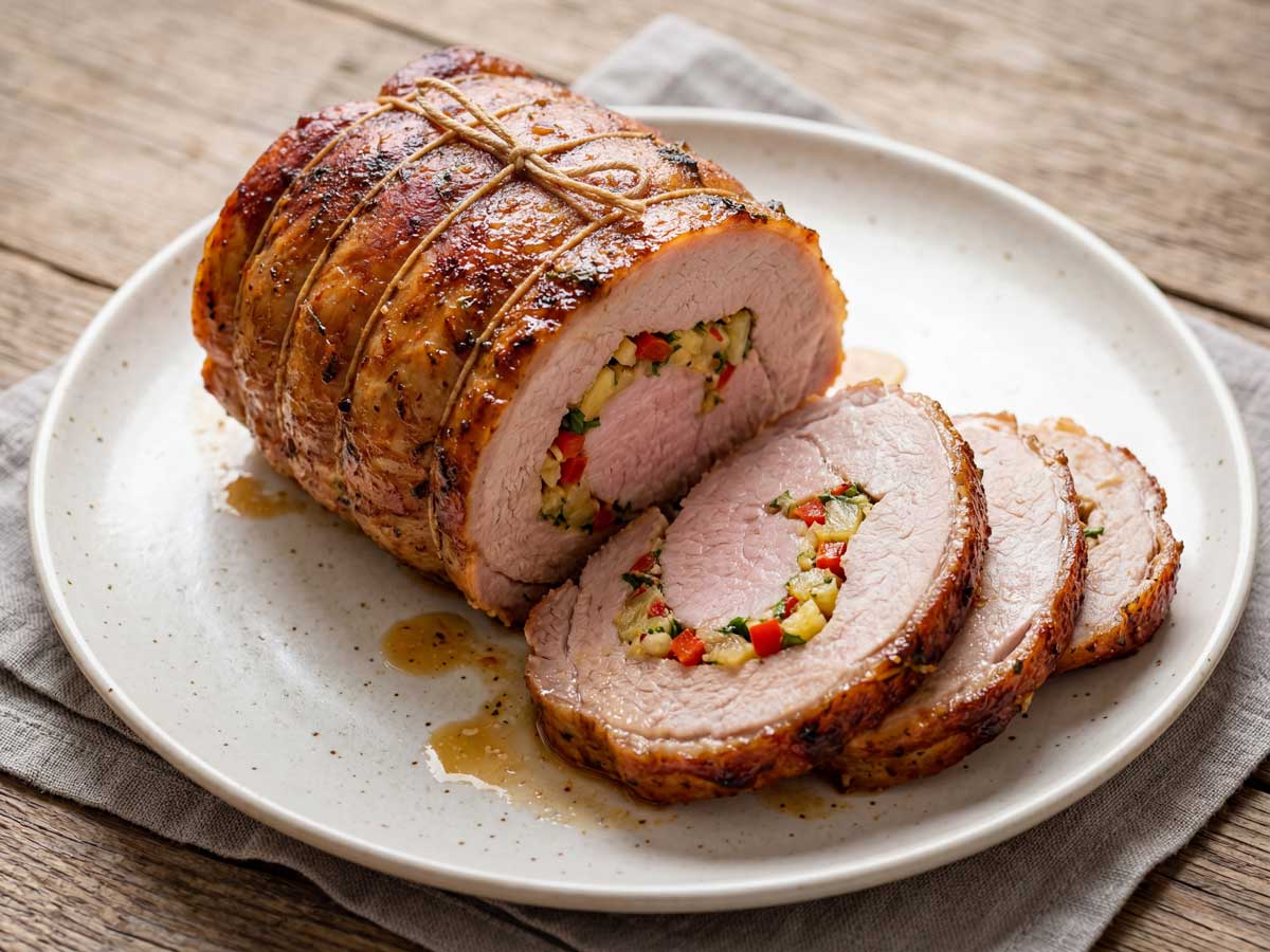 Varkensrollade braden in een braadpan