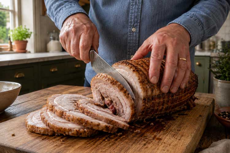 Verwijder voorzichtig het keukentouw, als dat om de rollade zit, en snij de rollade in plakken