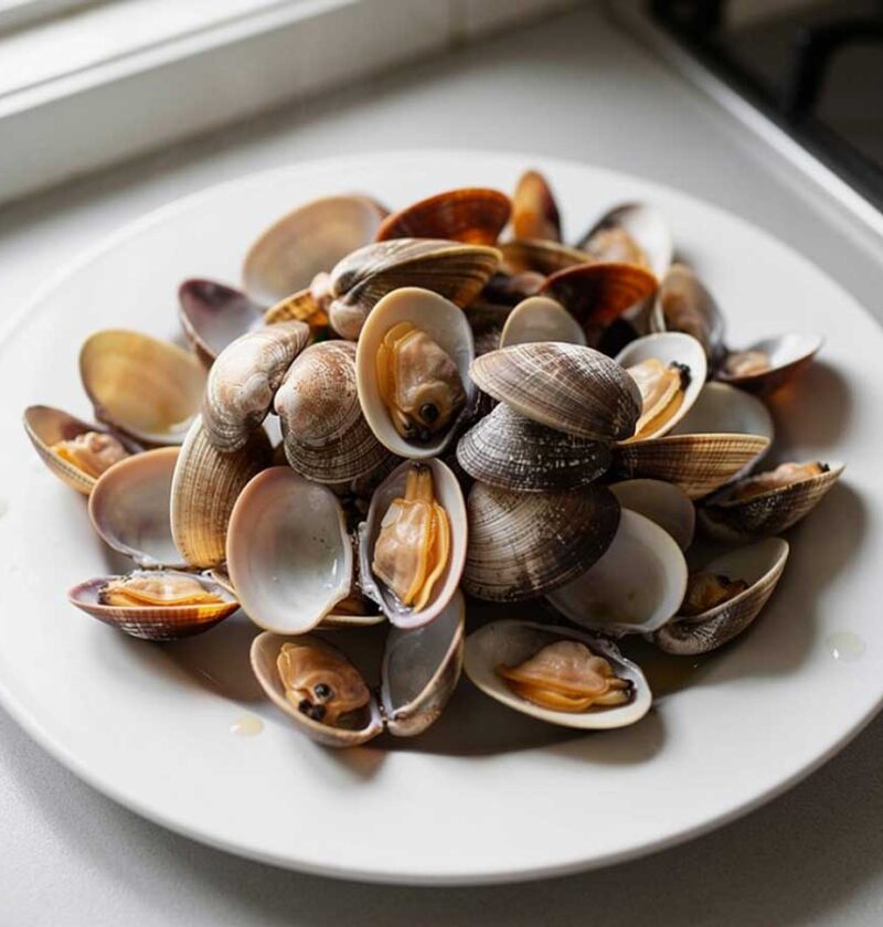 Een bord vol met net gekookte vongole.