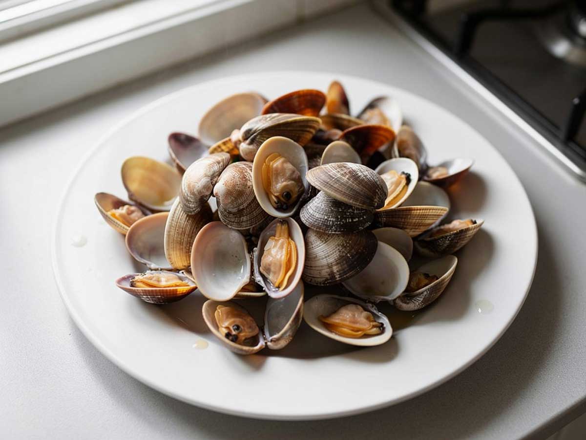 Een bord vol met net gekookte vongole.
