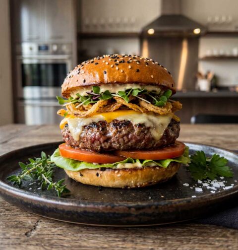 Wagyu hamburger bakken in een goede koekenpan in de keuken van chef-kok Wilhelmus Hengstmengel