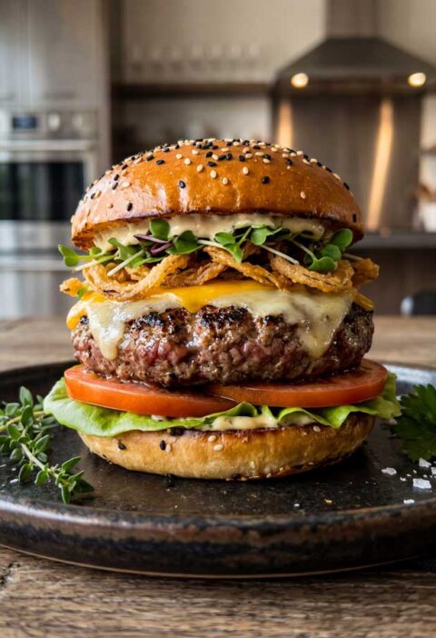 Wagyu hamburger bakken in een goede koekenpan in de keuken van chef-kok Wilhelmus Hengstmengel