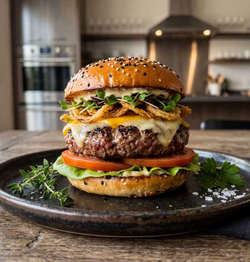 Wagyu hamburger bakken in een goede koekenpan in de keuken van chef-kok Wilhelmus Hengstmengel