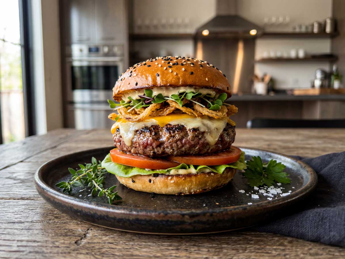 Wagyu hamburger bakken in een goede koekenpan in de keuken van chef-kok Wilhelmus Hengstmengel