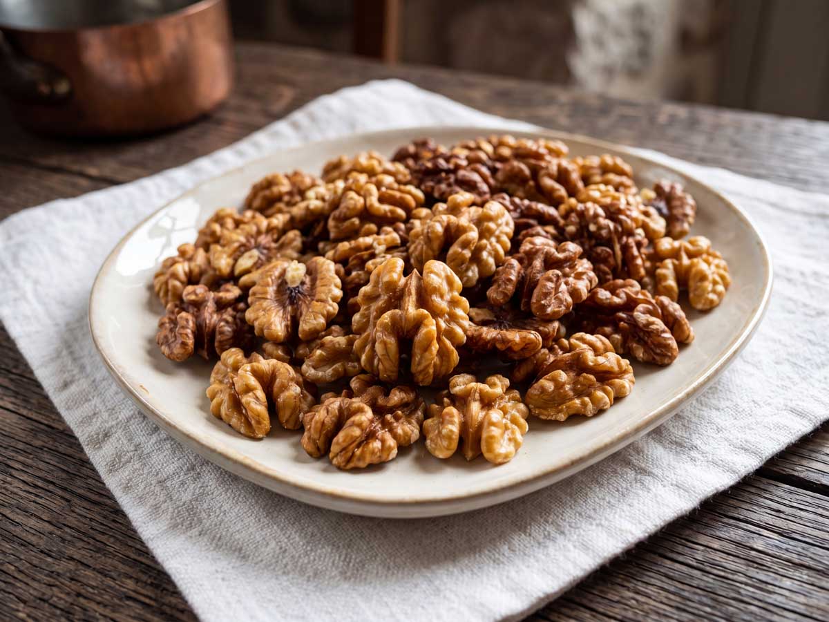 Walnoten roosteren in een goede koekenpan, zonder olie in de keuken van Wilhelmus Hengstmengel