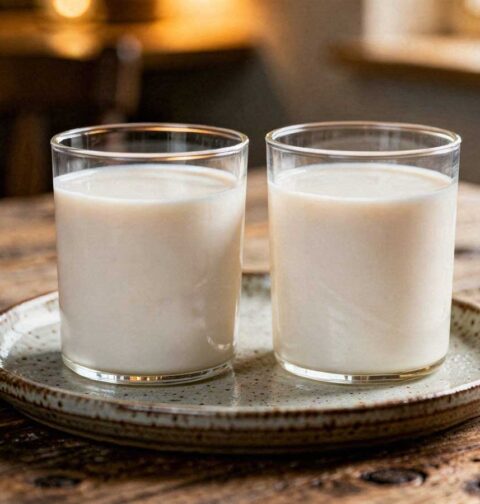 Twee tumbler glazen met warme melk en een druppel honing op een houten tafel.