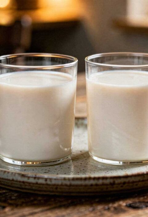 Twee tumbler glazen met warme melk en een druppel honing op een houten tafel.