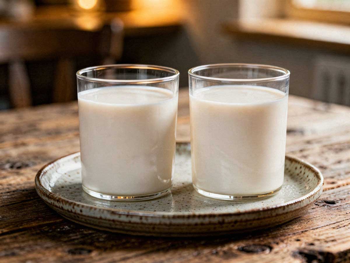Twee tumbler glazen met warme melk en een druppel honing op een houten tafel.