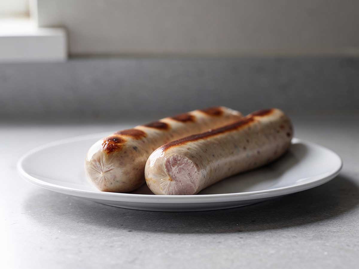 2 Weisswürste op een wit bordje.