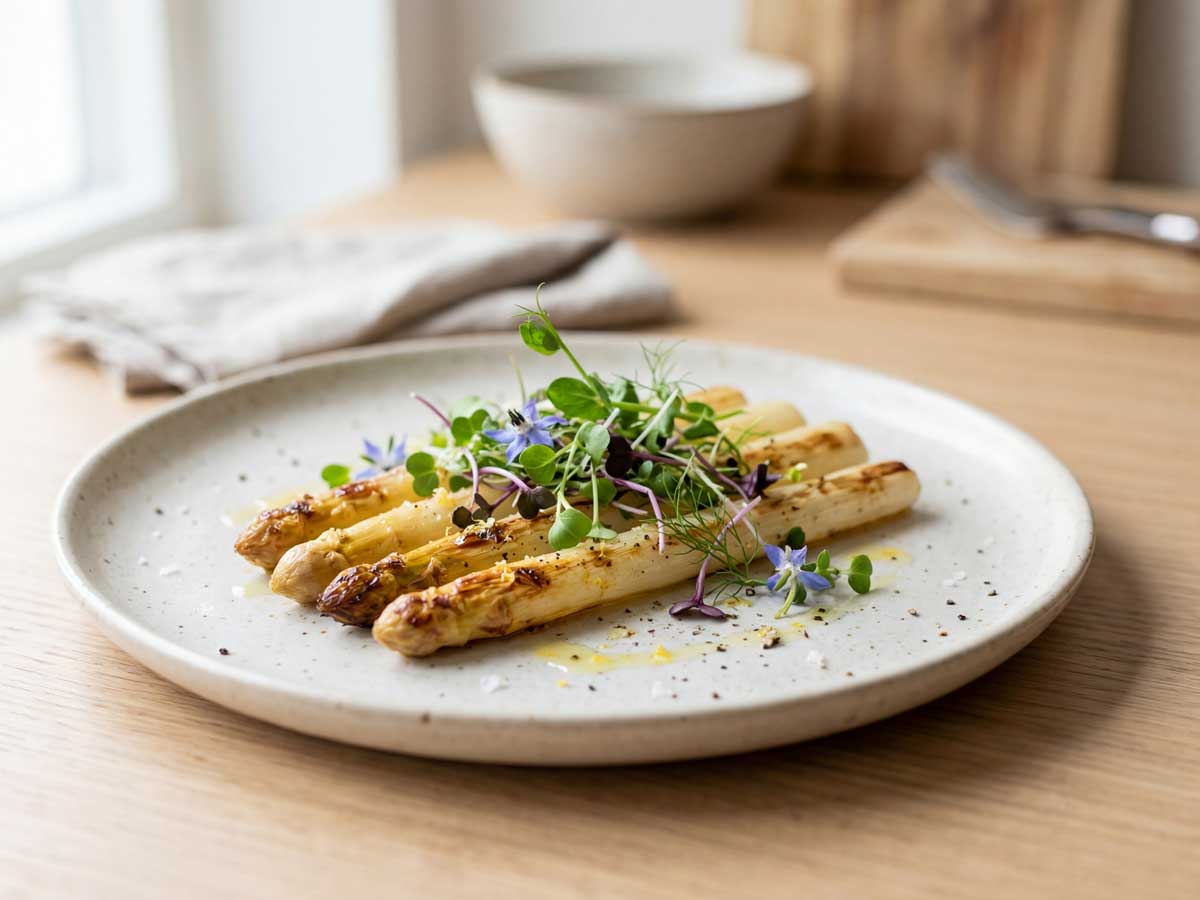 Witte asperges bakken in een koekenpan