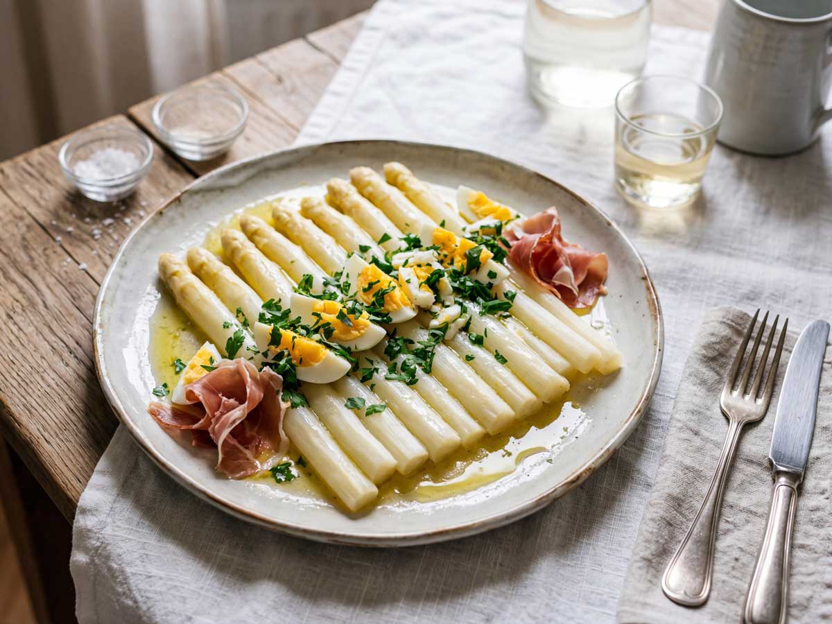 Witte asperges koken in een pan