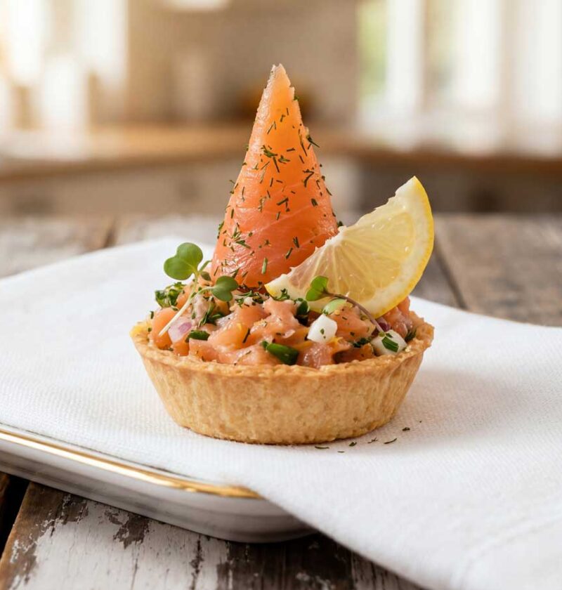 Zalmtartaar van gerookte zalm in een bakje, kerst bij Wilhelmus Hengstmengel