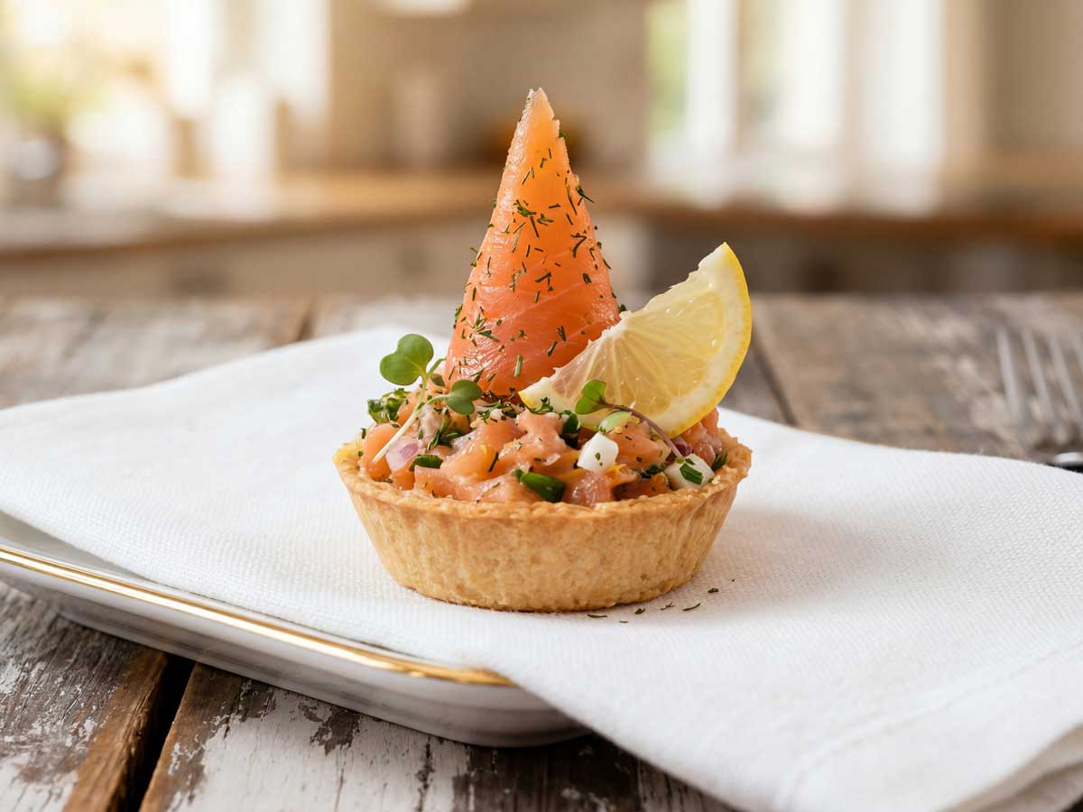 Zalmtartaar van gerookte zalm in een bakje, kerst bij Wilhelmus Hengstmengel