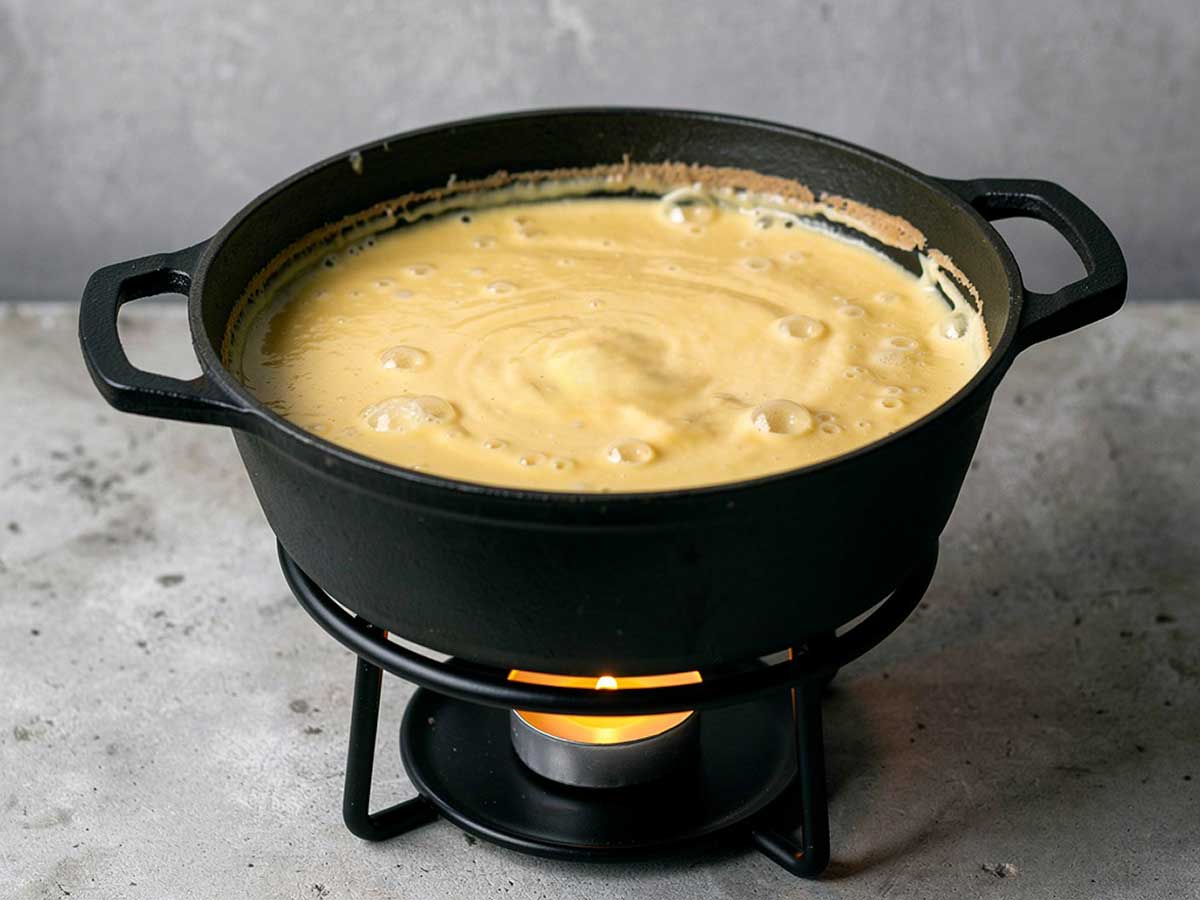 Een zwarte fonduepan op een theelichtje, met daarin Zwtserse kaasfondue.