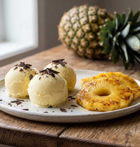 Zelfgemaakt ananasijs geserveerd met verse stukjes ananas en chocoladeschaafsel op een bord