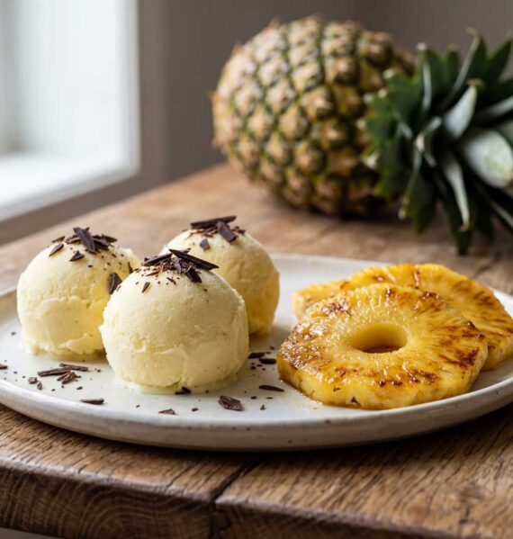 Zelfgemaakt ananasijs geserveerd met verse stukjes ananas en chocoladeschaafsel op een bord