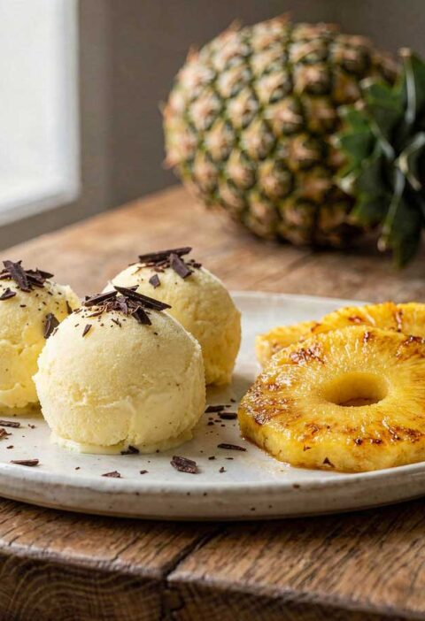 Drie stevige bollen ananas roomijs met chocoladeschaafsel en gebakken schijven ananas op een platte schaal
