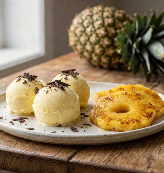 Drie stevige bollen ananas roomijs met chocoladeschaafsel en gebakken schijven ananas op een platte schaal