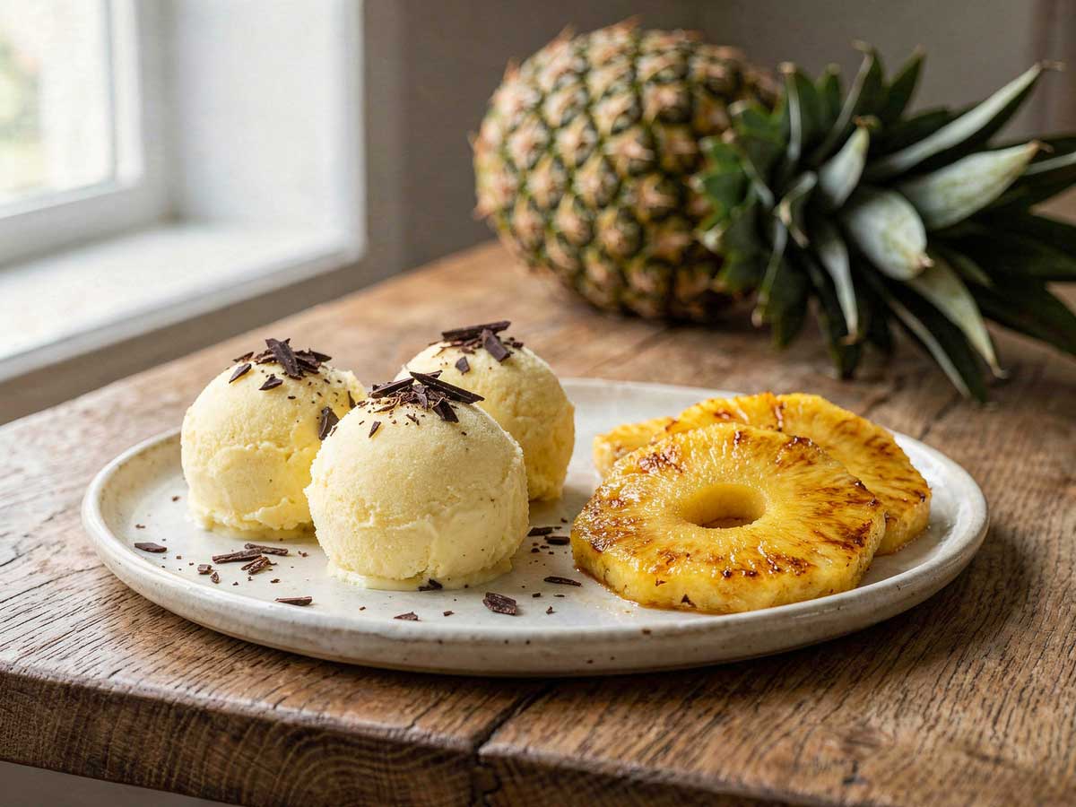 Drie stevige bollen ananas roomijs met chocoladeschaafsel en gebakken schijven ananas op een platte schaal