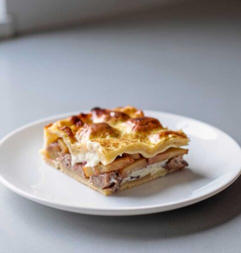 Een klein bordje met een stukje appel vanille ovenschotel.