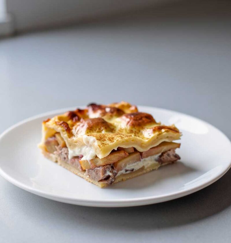 Een klein bordje met een stukje appel vanille ovenschotel.
