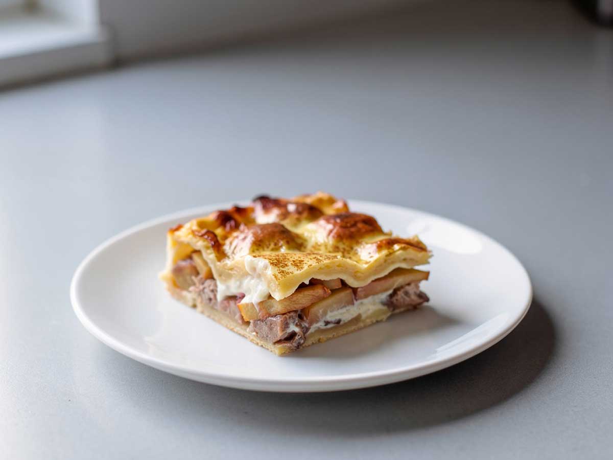 Een klein bordje met een stukje appel vanille ovenschotel.