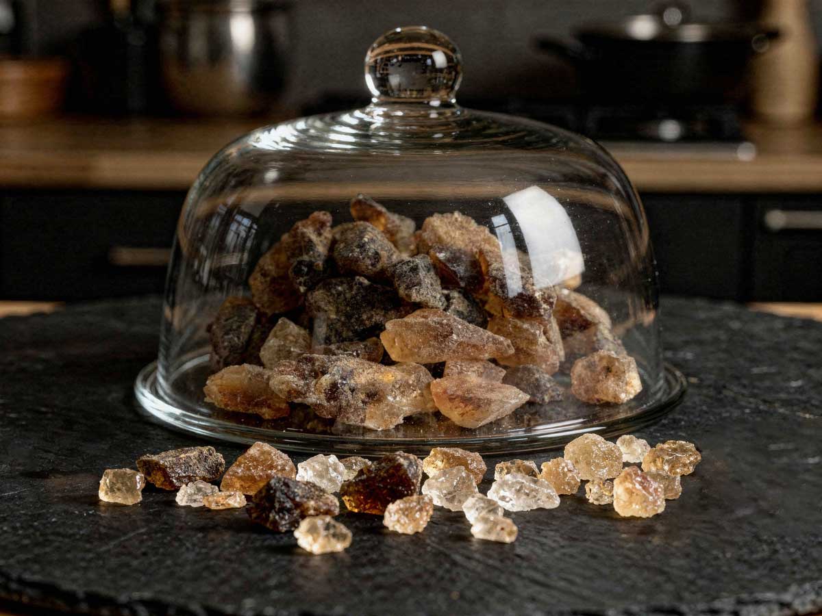 Zelfgemaakte bruine kandijsuiker in een glazen weckpot op een houten tafel