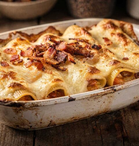 Zelfgemaakte cannelloni met bechamelsaus en spekjes in een witte ovenschaal