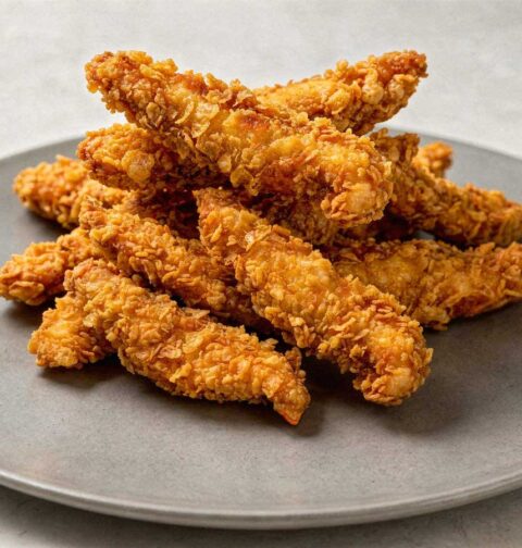 Een stapel goudbruine, krokant gebakken chicken strips op een grijs bord zonder garnering.