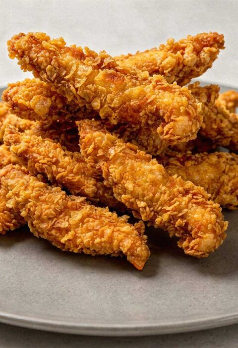 Een stapel goudbruine, krokant gebakken chicken strips op een grijs bord zonder garnering.