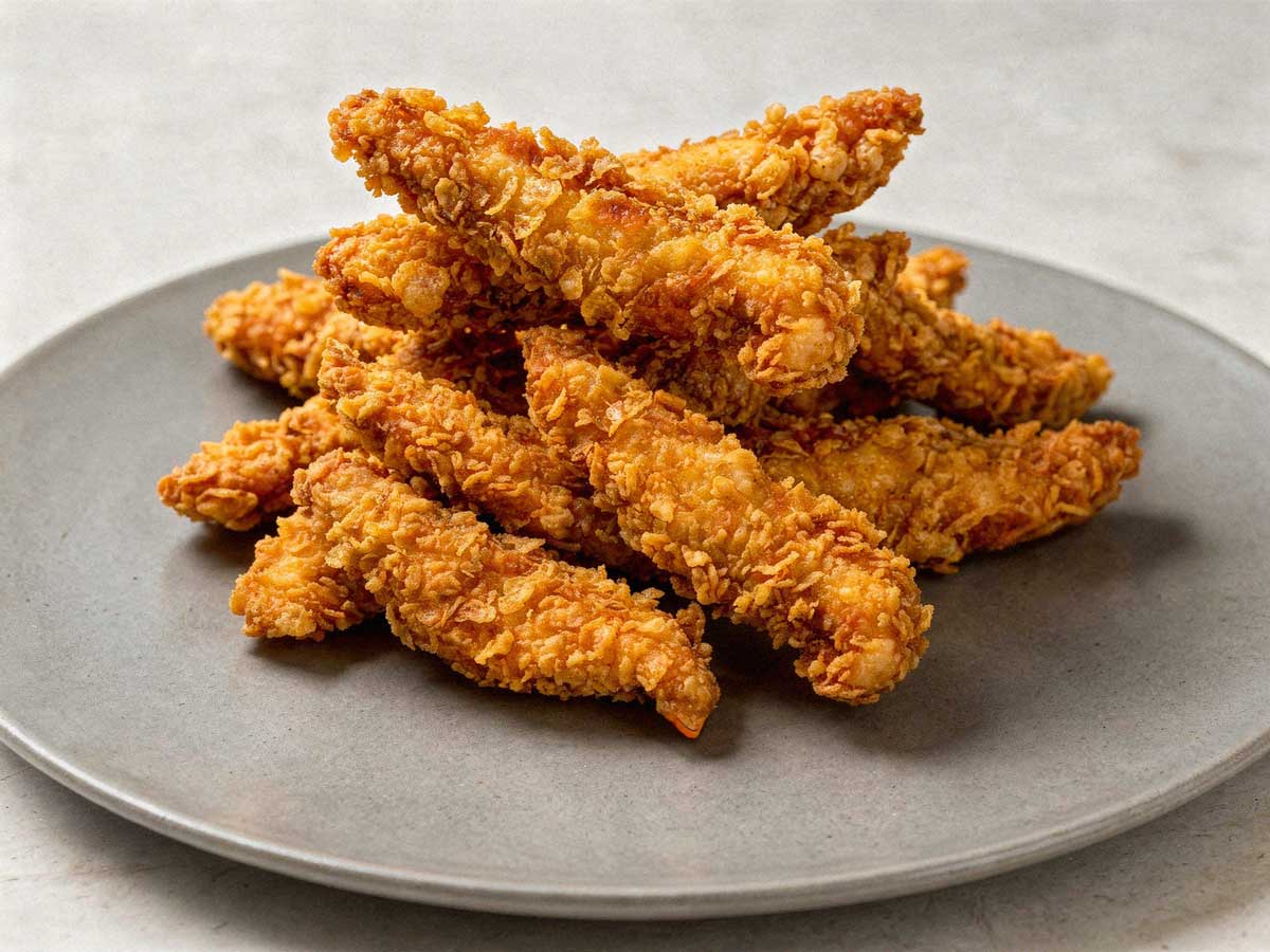 Een stapel goudbruine, krokant gebakken chicken strips op een grijs bord zonder garnering.