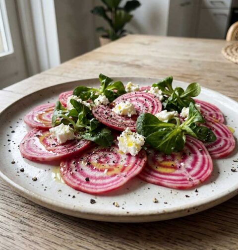 Salade van dunne plakjes Chioggia biet met veldsla en Feta op een bord