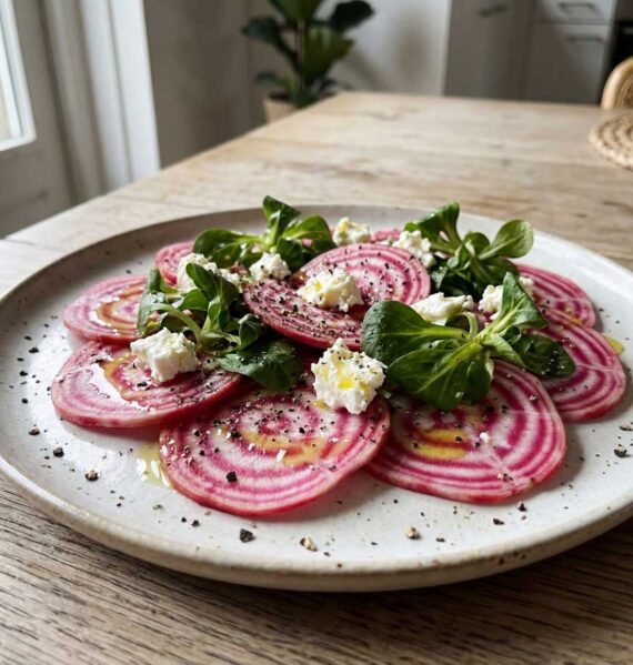 Salade van dunne plakjes Chioggia biet met veldsla en Feta op een bord