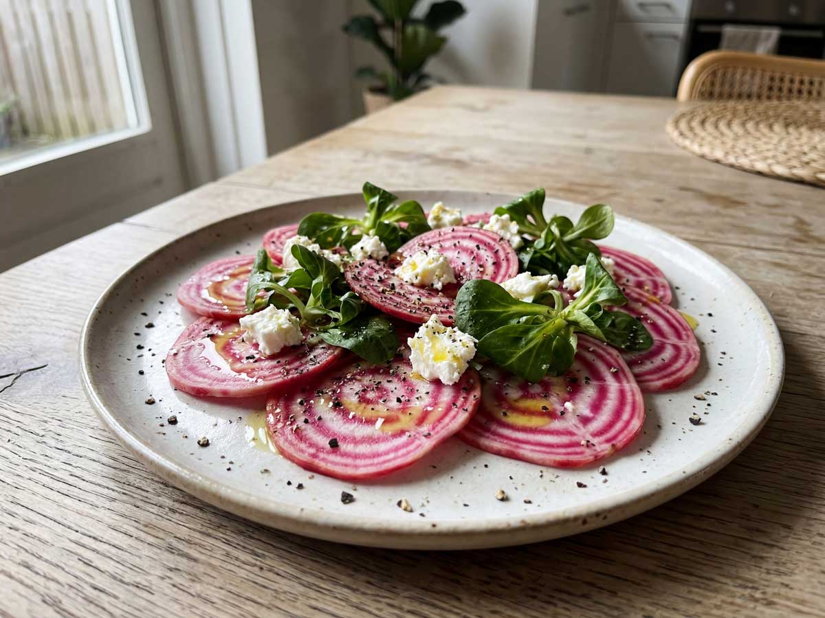 Salade van dunne plakjes Chioggia biet met veldsla en Feta op een bord