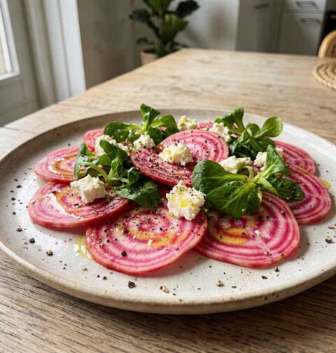 Kleurrijke salade van dunne plakjes rauwe Chioggia biet met veldsla, verkruimelde feta en olijfoliedressing op een bord