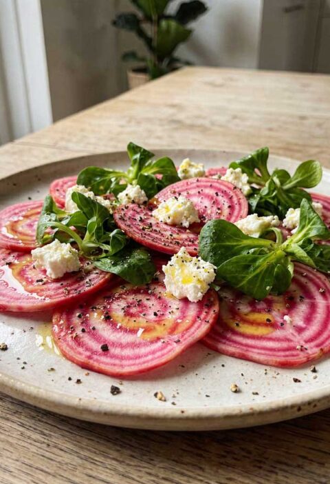 Kleurrijke salade van dunne plakjes rauwe Chioggia biet met veldsla, verkruimelde feta en olijfoliedressing op een bord