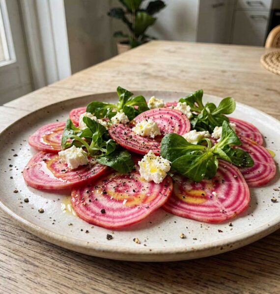 Kleurrijke salade van dunne plakjes rauwe Chioggia biet met veldsla, verkruimelde feta en olijfoliedressing op een bord