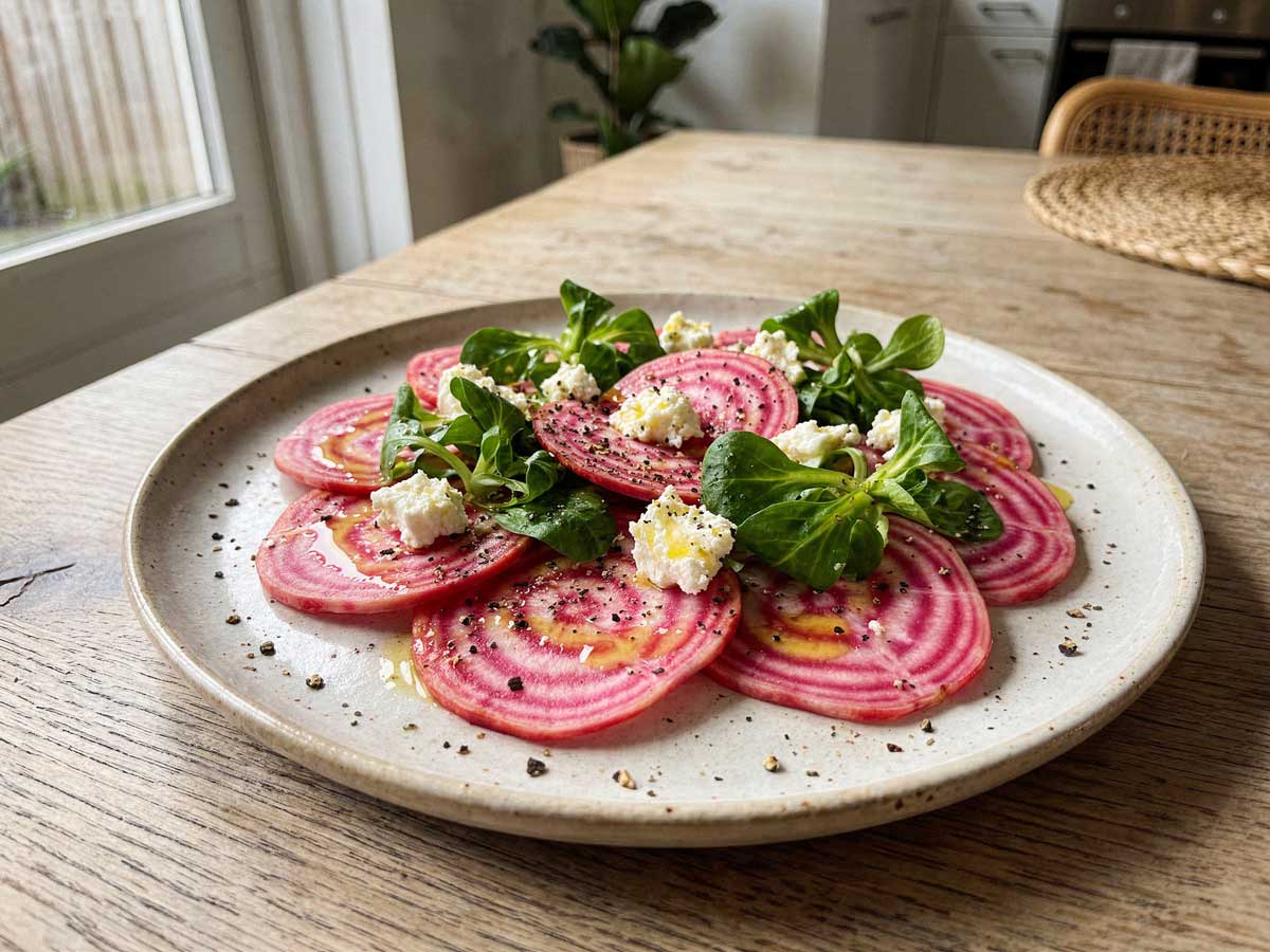 Kleurrijke salade van dunne plakjes rauwe Chioggia biet met veldsla, verkruimelde feta en olijfoliedressing op een bord