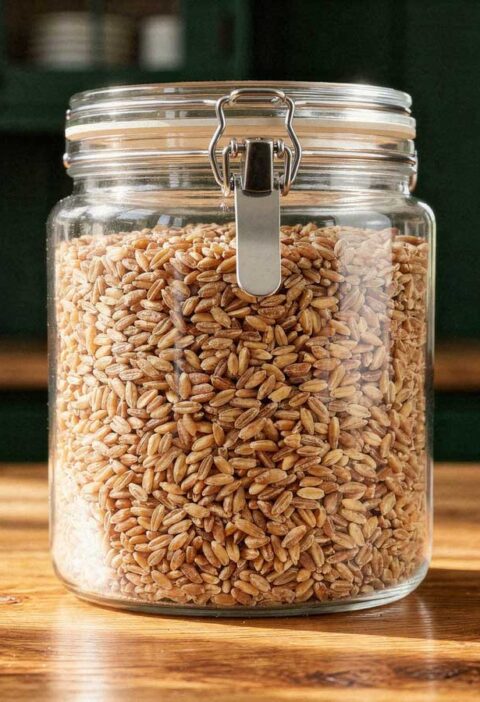 Bruine farro granen in een grote glazen opbergpot op een eikenhouten kookeiland.