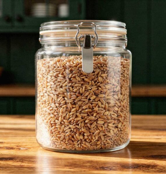 Bruine farro granen in een grote glazen opbergpot op een eikenhouten kookeiland.