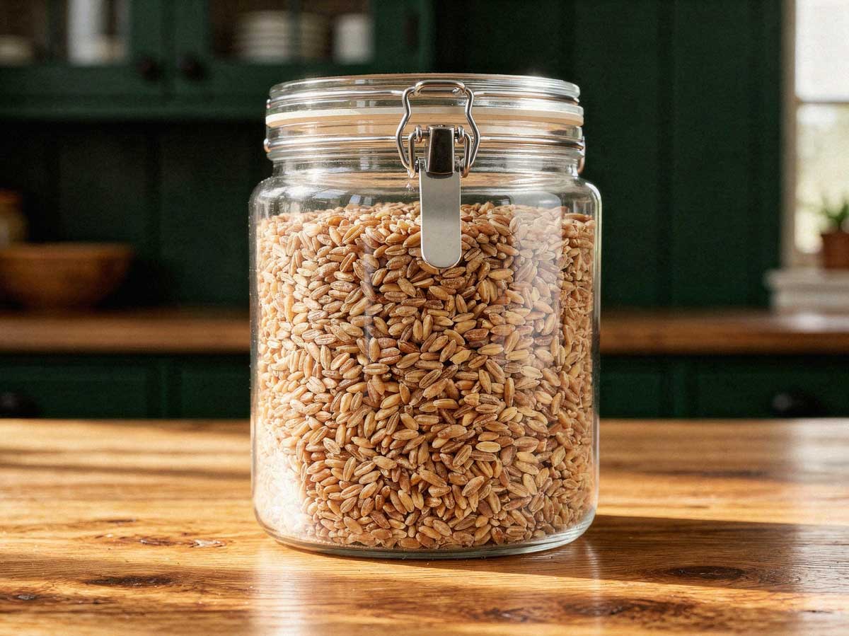 Bruine farro granen in een grote glazen opbergpot op een eikenhouten kookeiland.