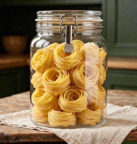 Gedroogde fettuccine pasta nestjes in een hoge glazen opbergpot op een houten eiland.