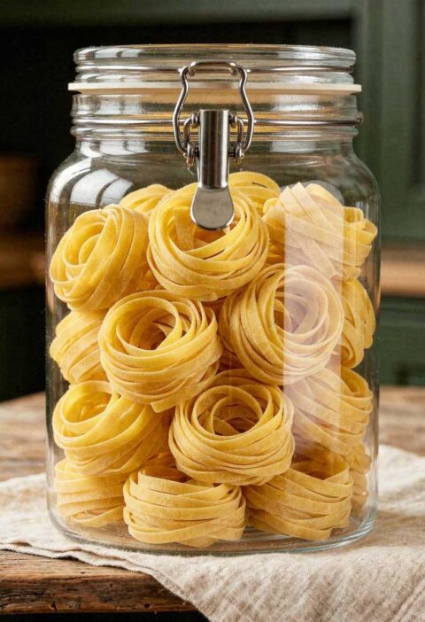 Gedroogde fettuccine pasta nestjes in een hoge glazen opbergpot op een houten eiland.