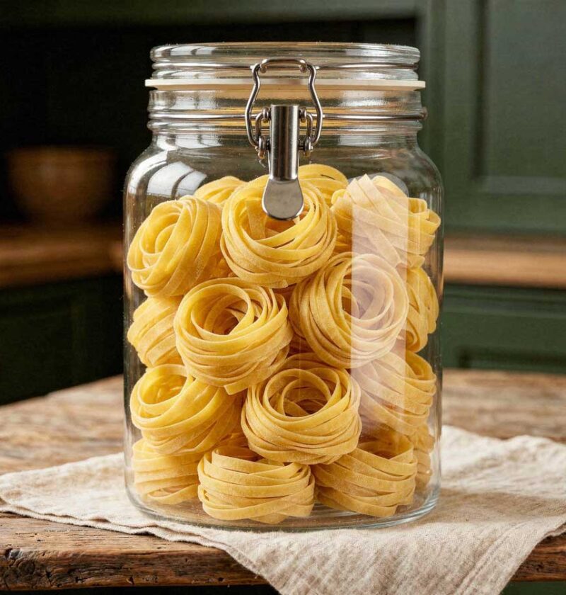 Gedroogde fettuccine pasta nestjes in een hoge glazen opbergpot op een houten eiland.