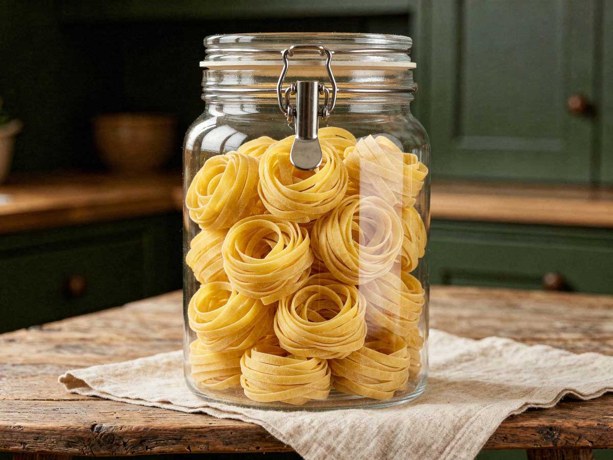 Gedroogde fettuccine pasta nestjes in een hoge glazen opbergpot op een houten eiland.