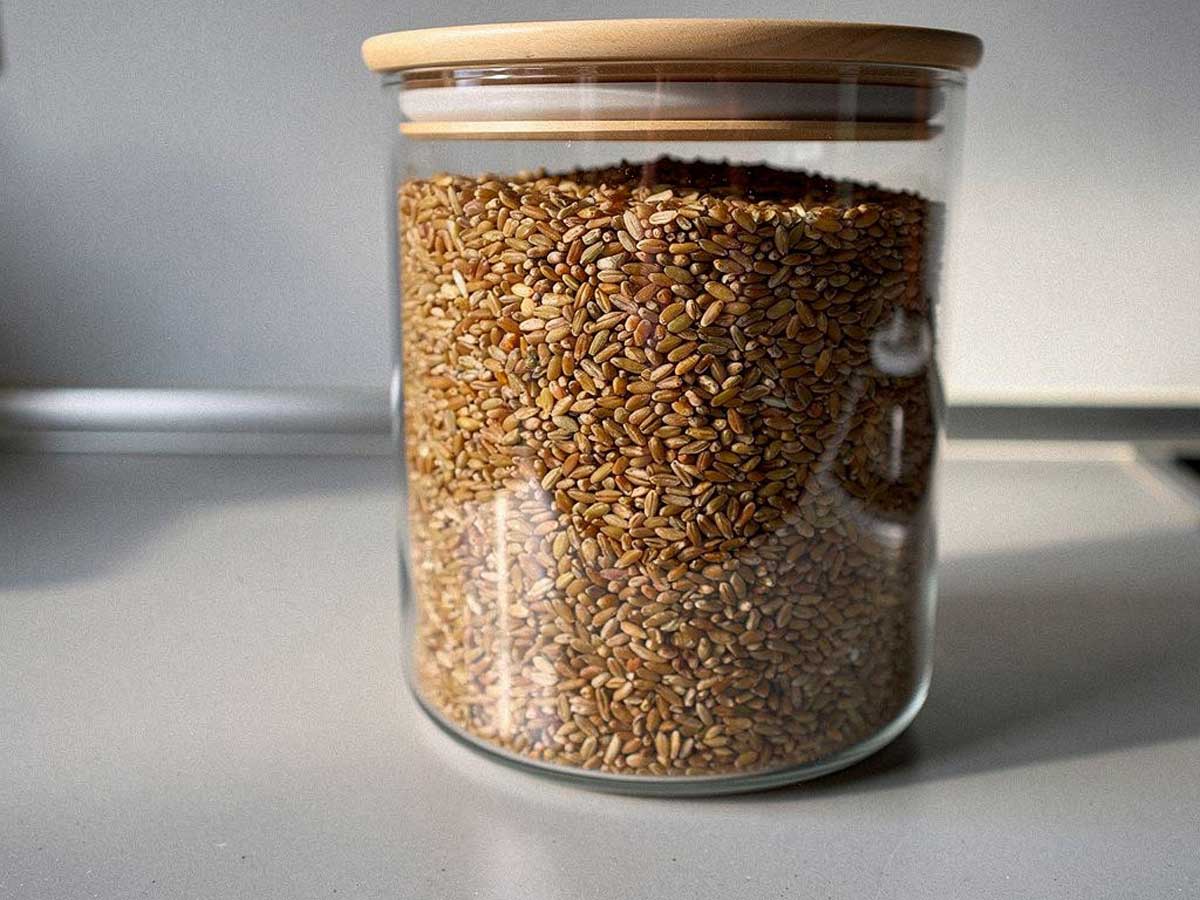Een grote voorraadbus met droge freekeh.