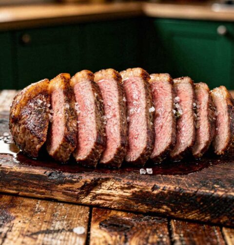 Sappige picanha steak in plakken gesneden met een krokante vetrand op een houten snijplank.