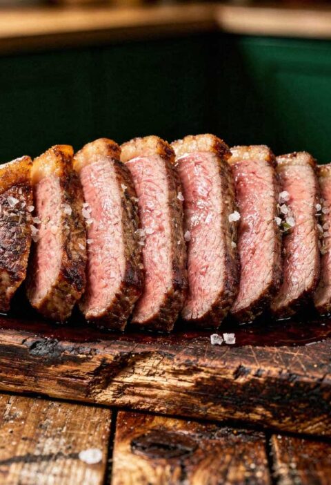 Sappige picanha steak in plakken gesneden met een krokante vetrand op een houten snijplank.